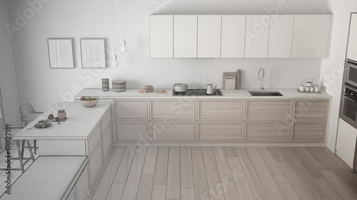 Unfinished project of classic kitchen with wooden details and parquet floor, minimalist white interior design, top view