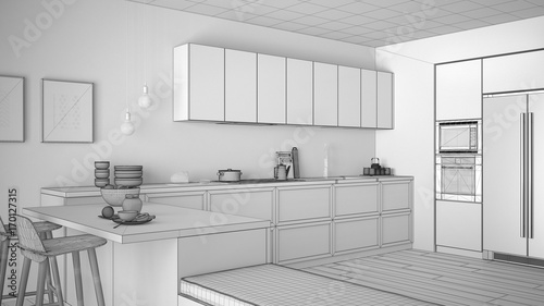 Unfinished project of classic kitchen with wooden details and parquet floor, healthy breakfast, minimalist interior design