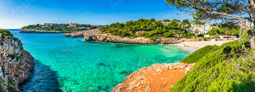 Beautiful island scenery seaside panorama coastline of beach Cala Anguila, Majorca Spain