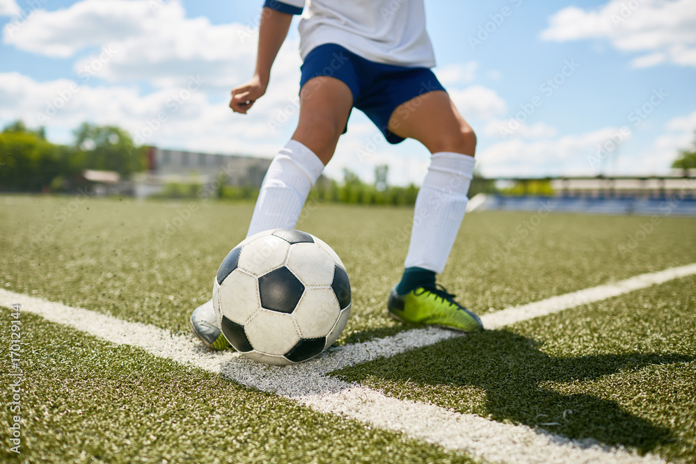 Fototapeta premium Closeup portrait of unrecognizable teenage boy kicking ball during football practice in field outdoors
