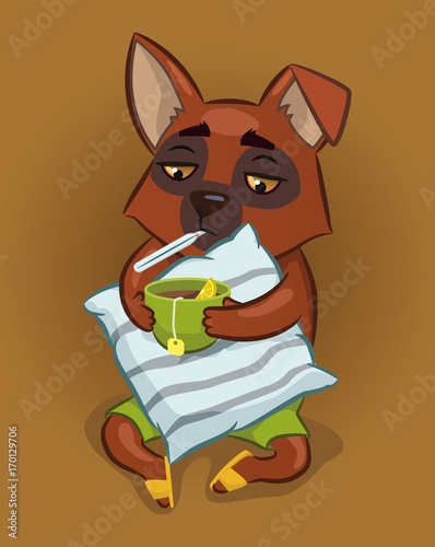 sick dog. dog holds the pillow, a cup of tea and a thermometer. illustration for a veterinary clinic. vector
