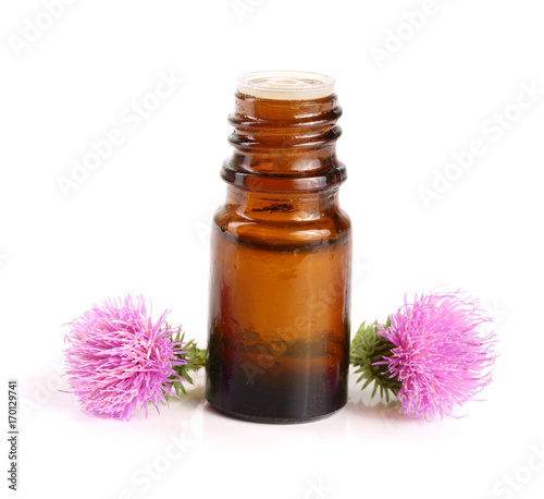 thistle oil and milk thistle flower isolated on white background