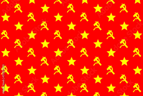 Star, sickle and hammer - yellow symbol on red background - vector pattern