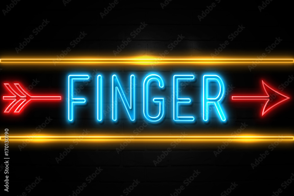 Finger  - fluorescent Neon Sign on brickwall Front view