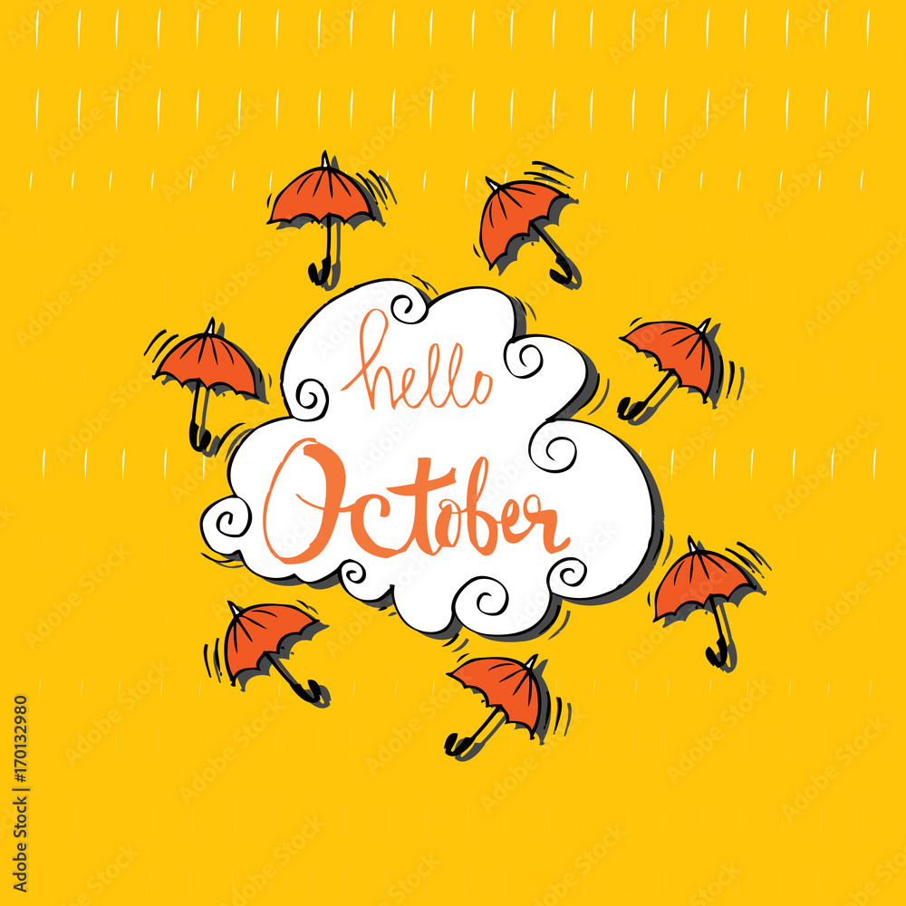 Hello october. Hand lettering, phrase.