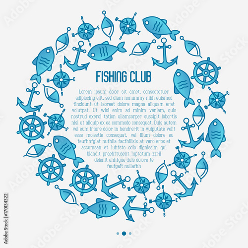 Fishing club concept in circle with fish, bobber and anchor. Marine background with thin line icons. Template for design banners, postcard, invitation.
