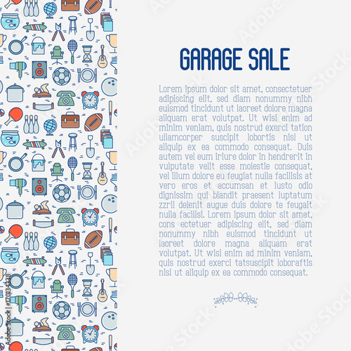 Garage sale or flea market concept with place for text. Thin line vector illustration for banner, web page, print media.