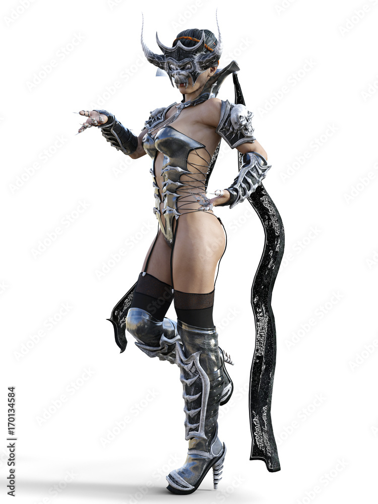 Evil sorceress mask horns. Gothic warrior woman. Magical protective armor. Muscular athletic body. Realistic 3D rendering isolate illustration. Hi key. Evil sorceress mask horns. Gothic warrior woman. Magical protective armor. Muscular athletic body. Realistic 3D rendering isolate illustration. Hi key.