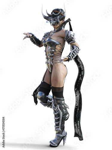 Evil sorceress mask horns. Gothic warrior woman. Magical protective armor. Muscular athletic body. Realistic 3D rendering isolate illustration. Hi key.
