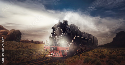 Old steam train, travel in valley