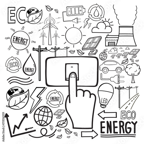 Hand-drawn renewable energy sketch on blue background Stock Photo - Alamy