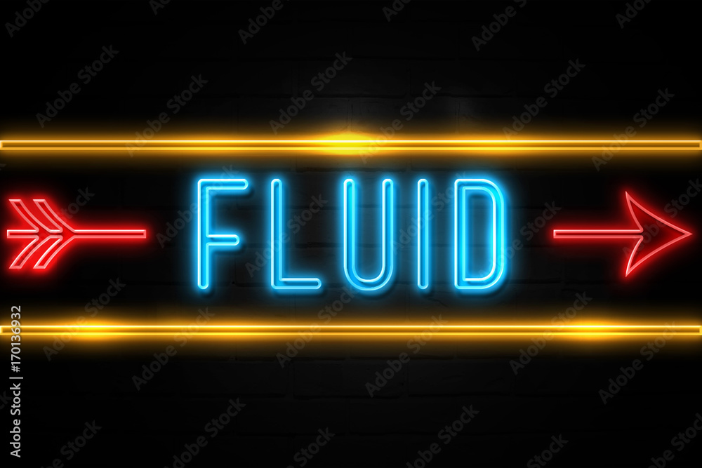 Fluid - fluorescent Neon Sign on brickwall Front view Fluid - fluorescent Neon Sign on brickwall Front view