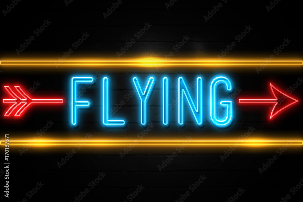 Flying  - fluorescent Neon Sign on brickwall Front view