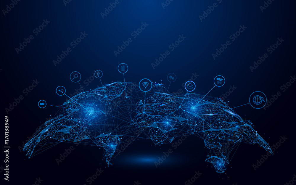 Low polygon Globe Map with social icons wireframe mesh on blue background