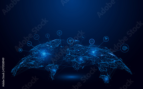 Low polygon Globe Map with social icons wireframe mesh on blue background