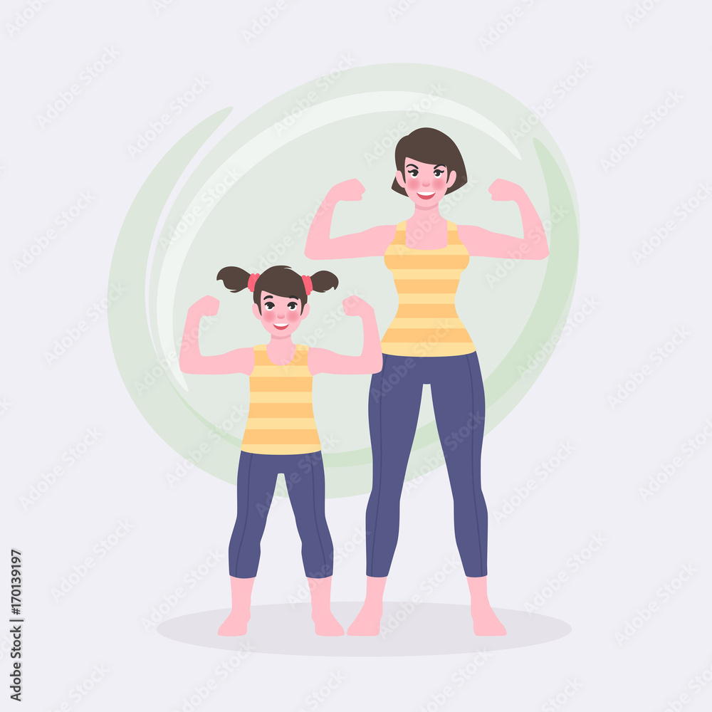 Young woman and little daughter showing their biceps and smiling while exercise