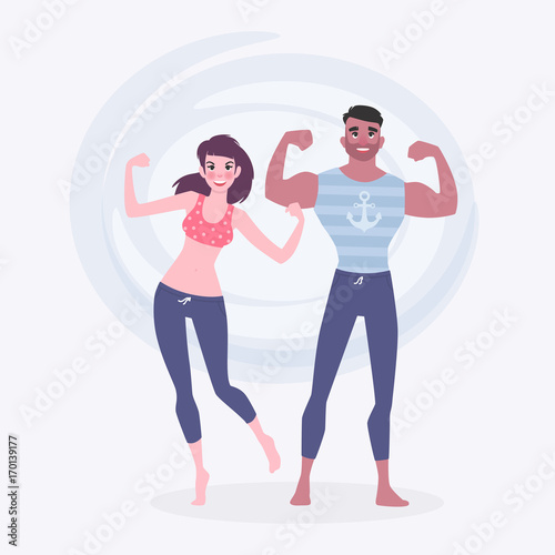 Guy and girl flex biceps. Muscular couple flexing arms.