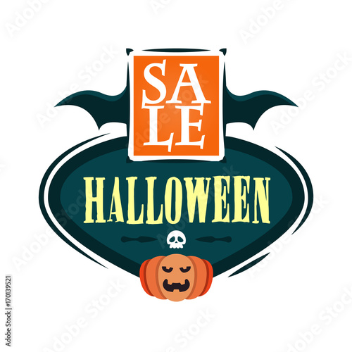 Halloween Sale offer design template. Vector illustration with flying title and pumpkin. Isolated illustration.