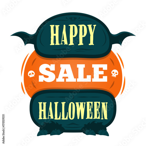Happy Halloween Sale offer design template. Vector illustration with scary title, with monster legs and wings. Isolated illustration.
