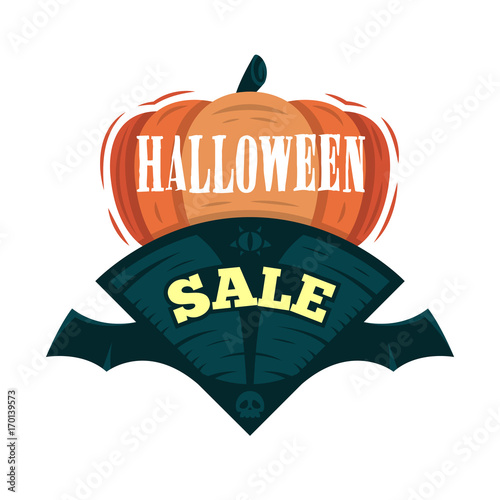 Halloween Sale offer design template. Vector illustration with flying title and pumpkin. Isolated illustration.