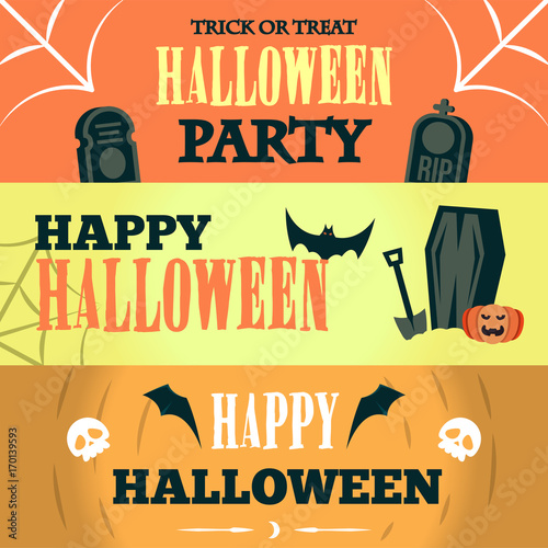 Happy Halloween Sale offer design template. Vector illustration with three bright banners. Isolated illustration.