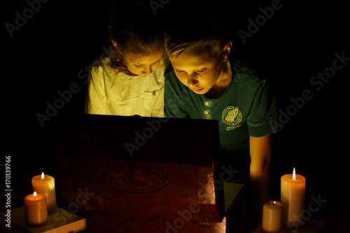 Childhood dreams. Cute girl and adventurous boy found a treasures. Happy young pirates.