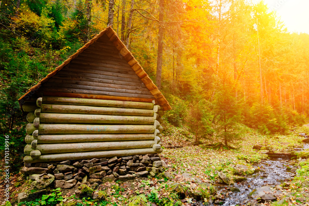 wooden house in the forest , autumn sunset , Carpathian mountains wooden house in the forest , autumn sunset , Carpathian mountains