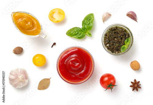 Billede på lærred set of dip sauces in bowl on white