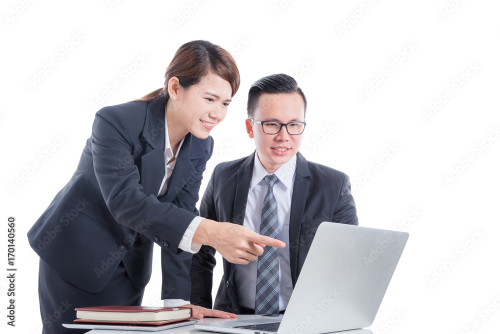 Young asian businessman and businesswoman discussing about work over white background Young asian businessman and businesswoman discussing about work over white background