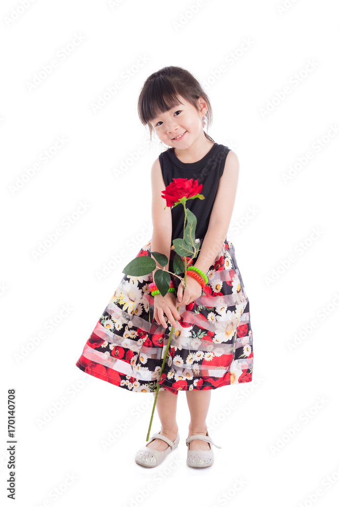 Little asian girl holding rose flower and smiling over white background Little asian girl holding rose flower and smiling over white background