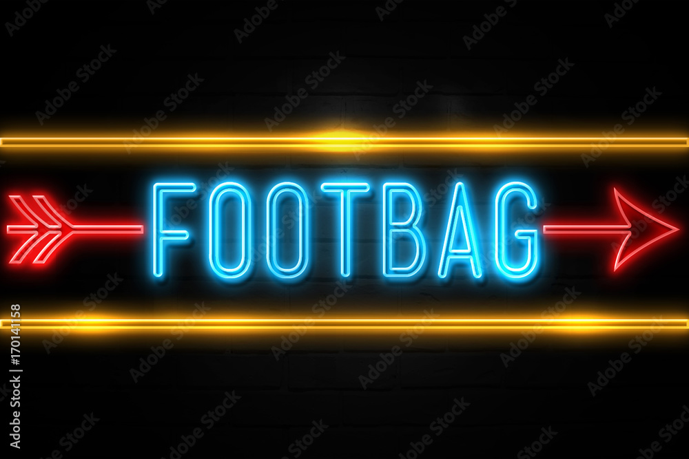 Obraz premium Footbag - fluorescent Neon Sign on brickwall Front view
