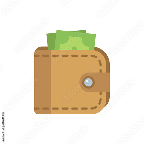 Leather wallet with money flat isolated vector icon