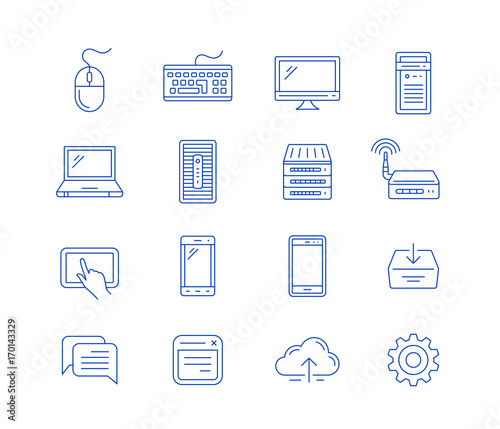 Network computing and mobile devices. Vector linear icons.