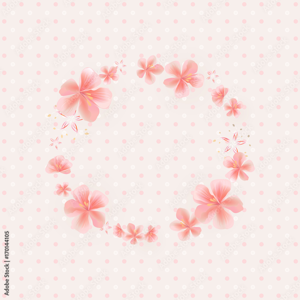Flying Pink Sakura flowers isolated on Beige Pink dotted background. Apple-tree flowers. Frame Cherry blossom. Vector Flying Pink Sakura flowers isolated on Beige Pink dotted background. Apple-tree flowers. Frame Cherry blossom. Vector