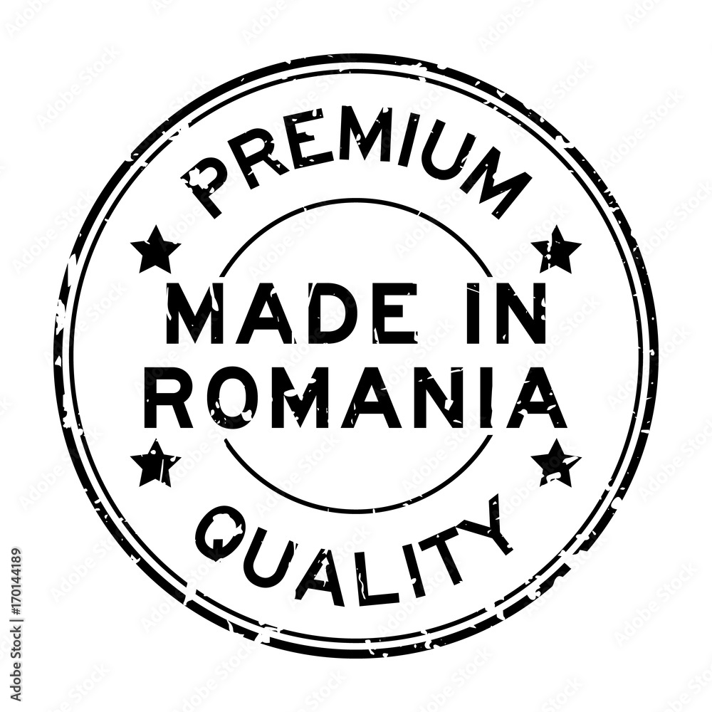 Grunge black premium quality made in Romania round rubber seal stamp on white background
