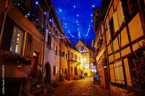 Narrow streets of Eguisheim  Alsace  France decorated for Christmas