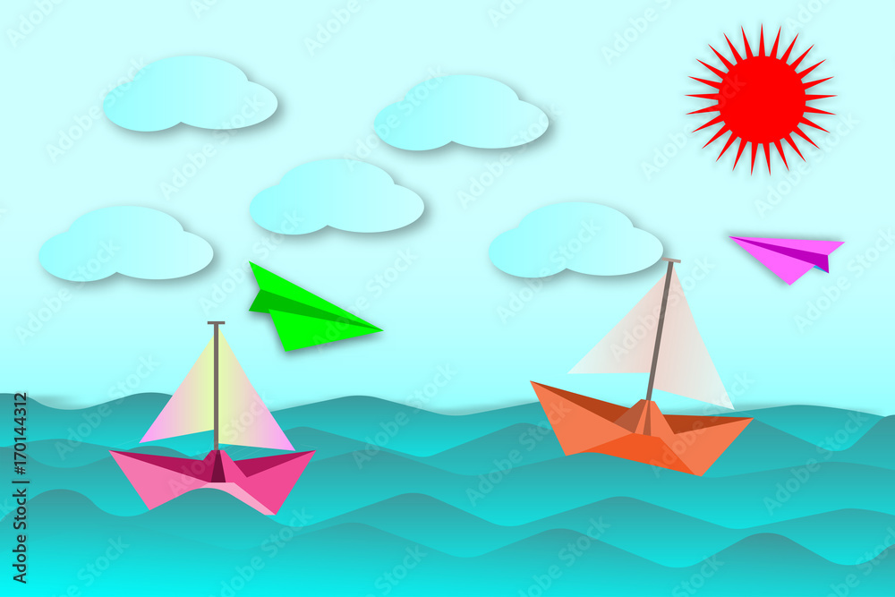 Sailboat and colorful plane gliders, and the sea with beautiful sky - vector paper concept 