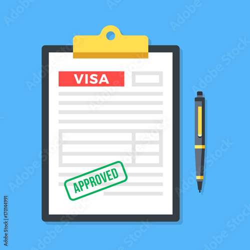 Clipboard with visa application, approved stamp and pen. Approval, permission granted, apply for visa concepts. Top view. Modern flat design vector illustration