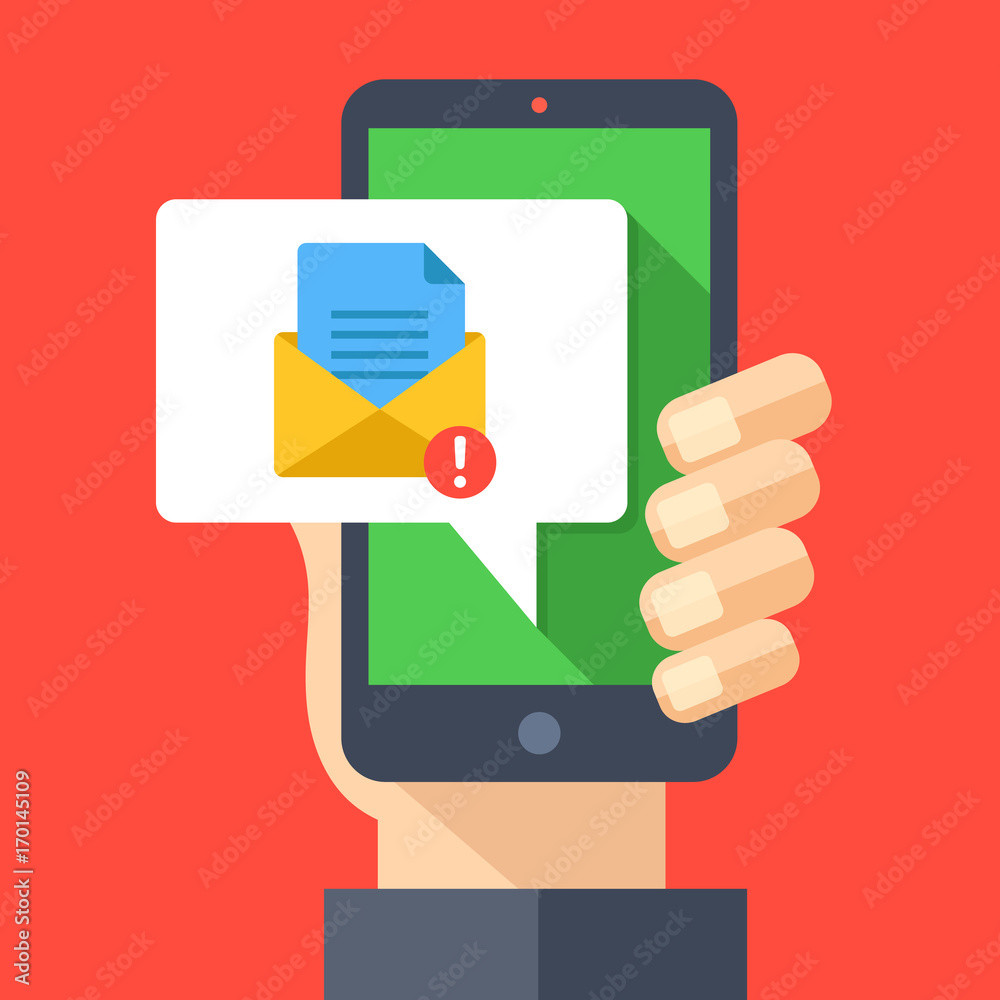 Hand holding smartphone with new email notification. You have 1 new message concept. Get e-mail notification. Cellphone and envelope icon with exclamation point. Modern flat design vector illustration Hand holding smartphone with new email notification. You have 1 new message concept. Get e-mail notification. Cellphone and envelope icon with exclamation point. Modern flat design vector illustration