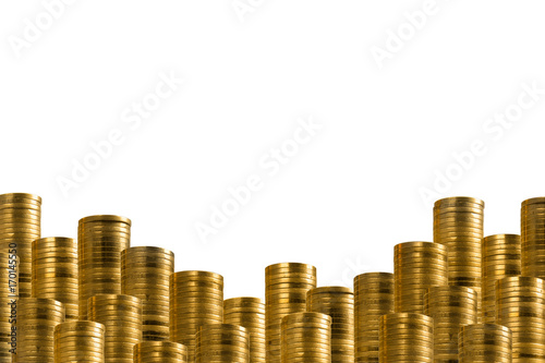 Rows of golden coins isolated on white. lower decoration with money.