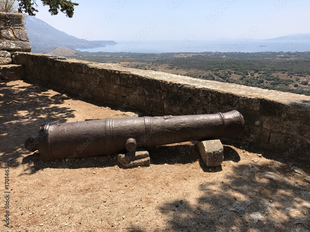 A ancient cannon in the Kastro, a Venetian castle, in Cephalonia or Kefalonia in Greece A ancient cannon in the Kastro, a Venetian castle, in Cephalonia or Kefalonia in Greece
