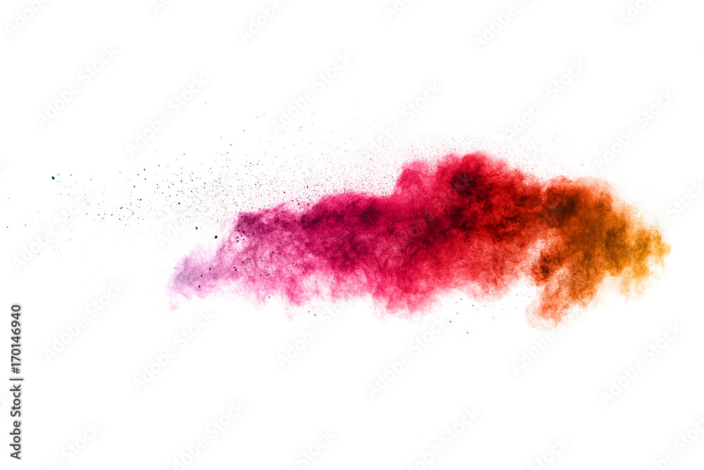 multicolored powder explosion on white background. Freeze motion paint Holi. multicolored powder explosion on white background. Freeze motion paint Holi.