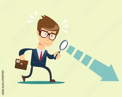 Businessman looking through a magnifying glass. Business and finance concept. Vector, illustration, flat.