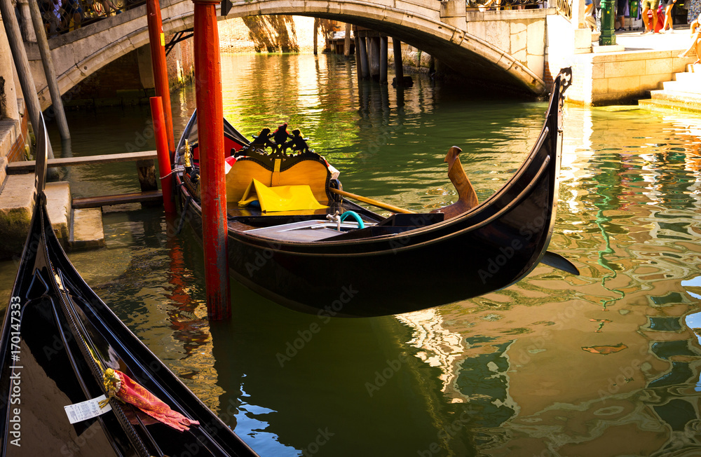 Parking gondolas in the Grand Canal, Venice, Italy