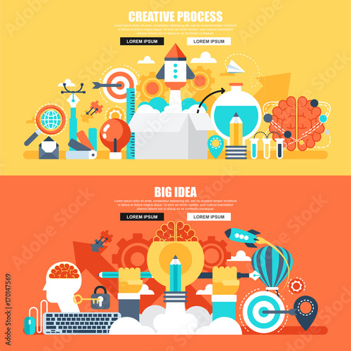 Business flat concept web banner of creative process and project workflow, big idea, finding solution, brainstorming. Conceptual vector illustration for web design, marketing, graphic design.