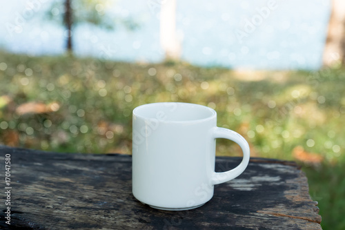 White coffee mug in the morning time