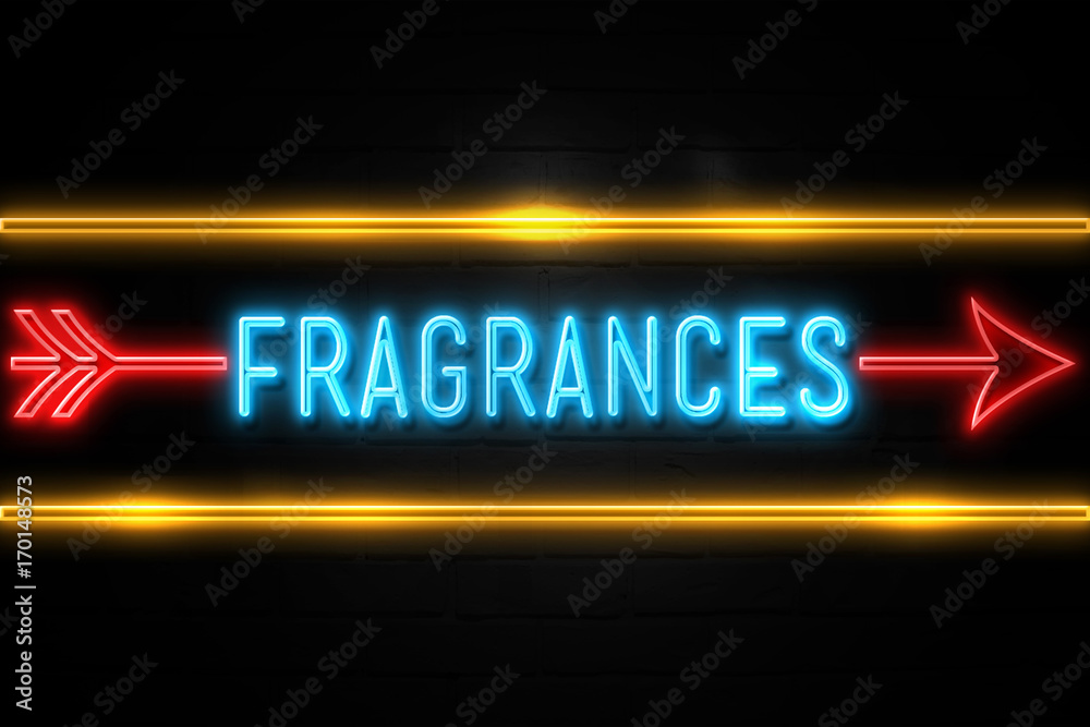 Fragrances - fluorescent Neon Sign on brickwall Front view Fragrances - fluorescent Neon Sign on brickwall Front view