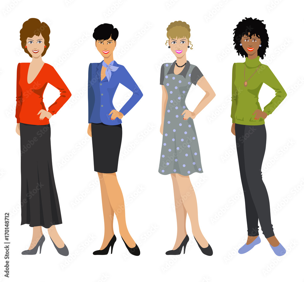 Obraz premium Beautiful women in different outfits, flat icons on white background, vector illustration