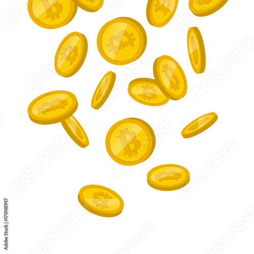 falling golden bitcoins cryptocurrency on white background