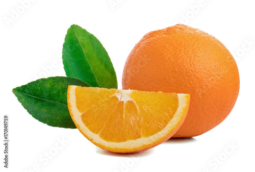 Fototapeta Naklejka Na Ścianę i Meble -  Isolated oranges. Group of fresh orange fruits with leaves